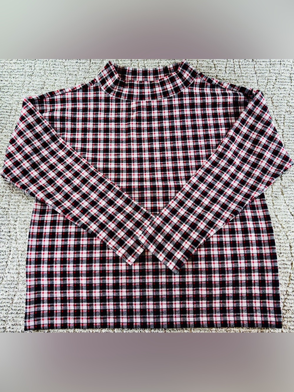 NWT Ann Taylor Women’s Small Red-Black-White Plaid Mock Neck Long-Sleeve Top
